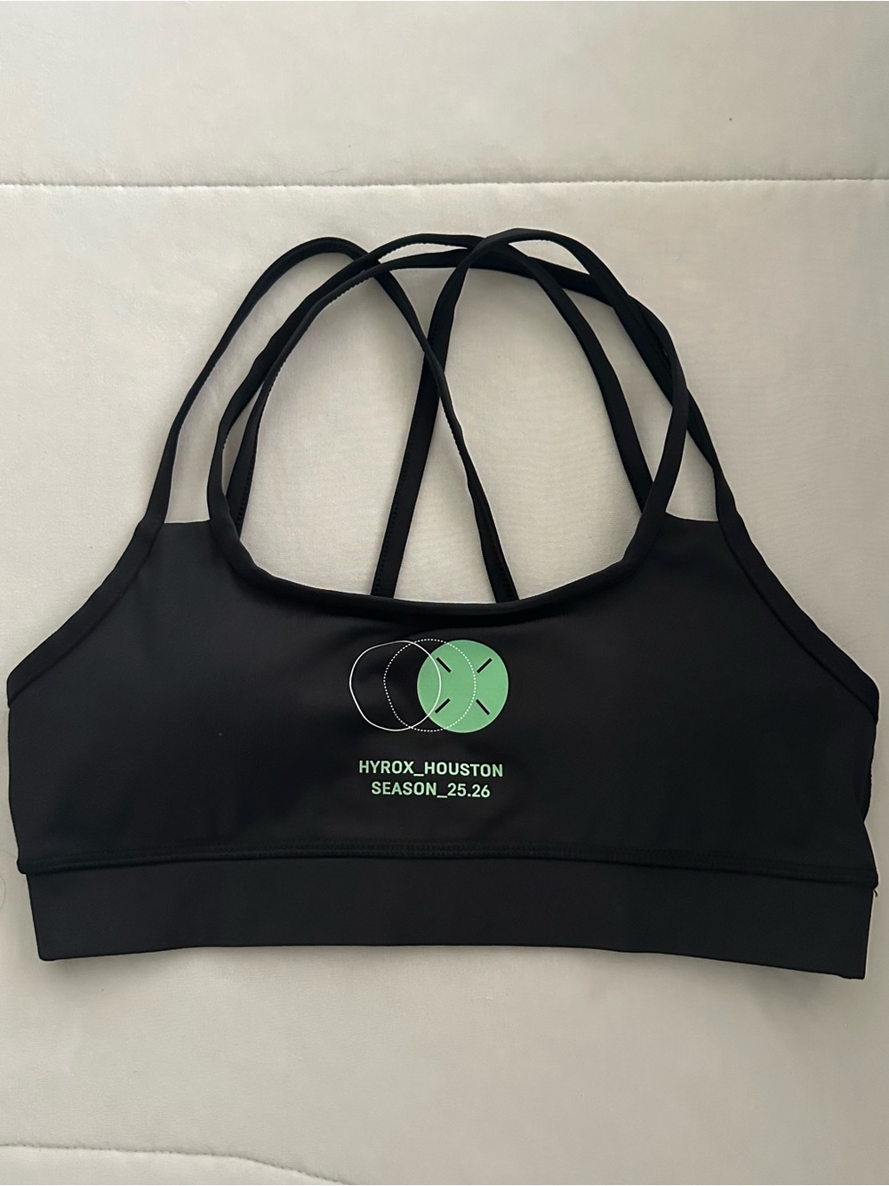 NEW -HYROX official HOUSTON Puma Black Strappy Sports Bra with Mint Green Logo
